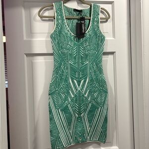 RVN Green and White Geometric Jacquard Top